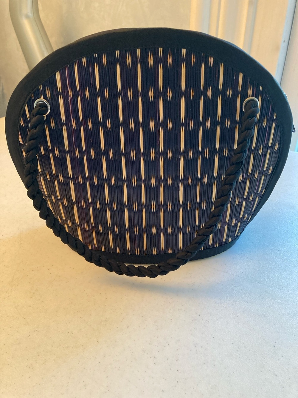 Round Woven Mini Bag in Navy and Cream with Braided Handle